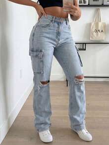 Women's High Waist Cargo Jeans With Ripped Detail, Retro Street Style, Versatile Denim Pants - Light Wash - View 1