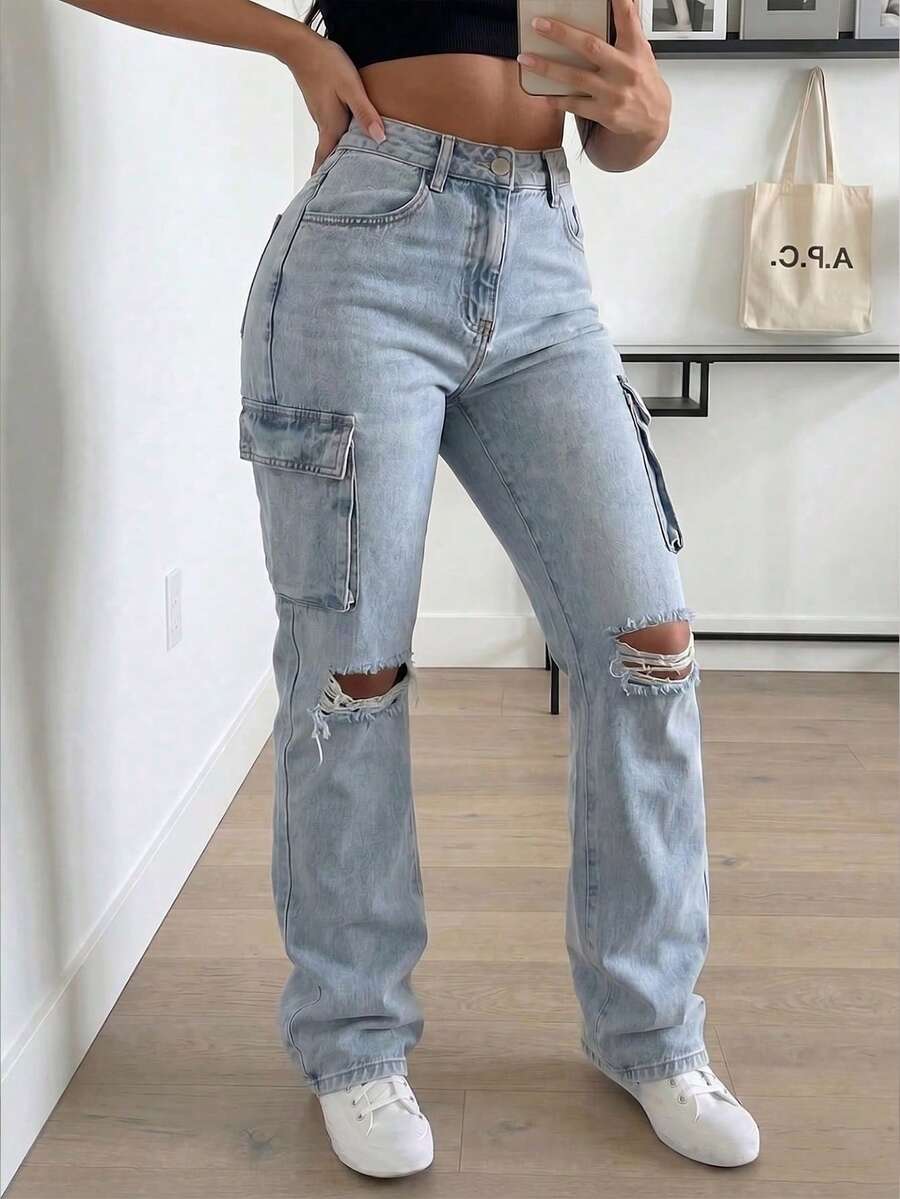 Women's High Waist Cargo Jeans With Ripped Detail, Retro Street Style, Versatile Denim Pants - Light Wash - View 1