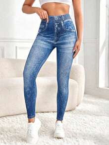 Women's Autumn/Winter Elastic 3D Denim Print Skinny Leggings With Faux Pockets, Suitable For Daily Wear, School, Graduation And Outings - Medium Wash - View 4