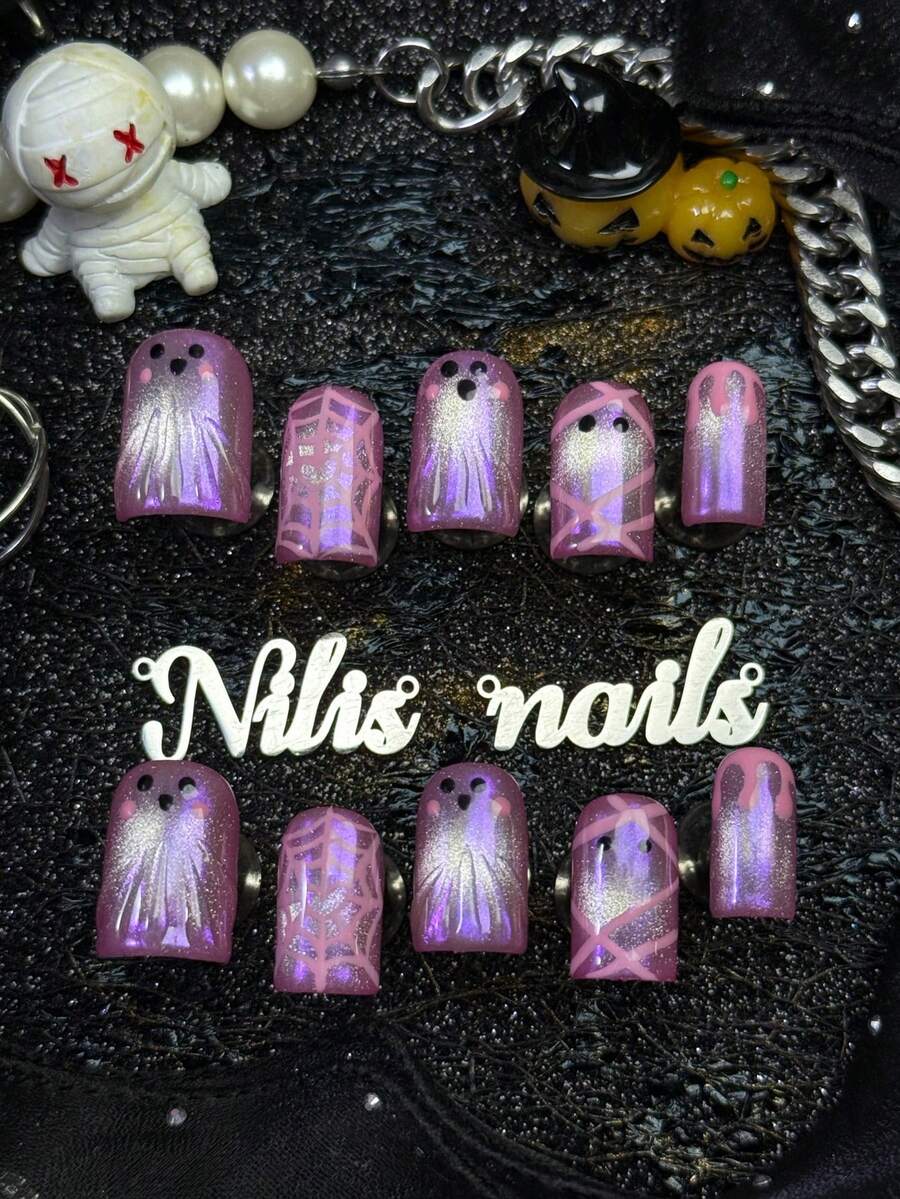 10 pièces Ongles carrés entièrement recouverts faits à la main, ongles à coller, motif œil de chat rose pastèque argenté fantôme & toile d'araignée, faux ongles d'Halloween, réutilisables, convenant pour les fêtes, le quotidien, le cosplay, avec colle gelée et lime à ongles, jolis ongles de fête pour les filles