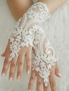 1 Pair Elegant Black Lace Fingerless Gloves For Women - Soft And Skin-Friendly, Exquisite Floral Pattern, Elastic Polyester Material - Perfect For Bridal Wedding, Party And Ball, Wedding Accessories - White - View 2