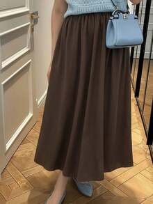 Women's Elastic Waist Flared Skirt - Brown - View 4
