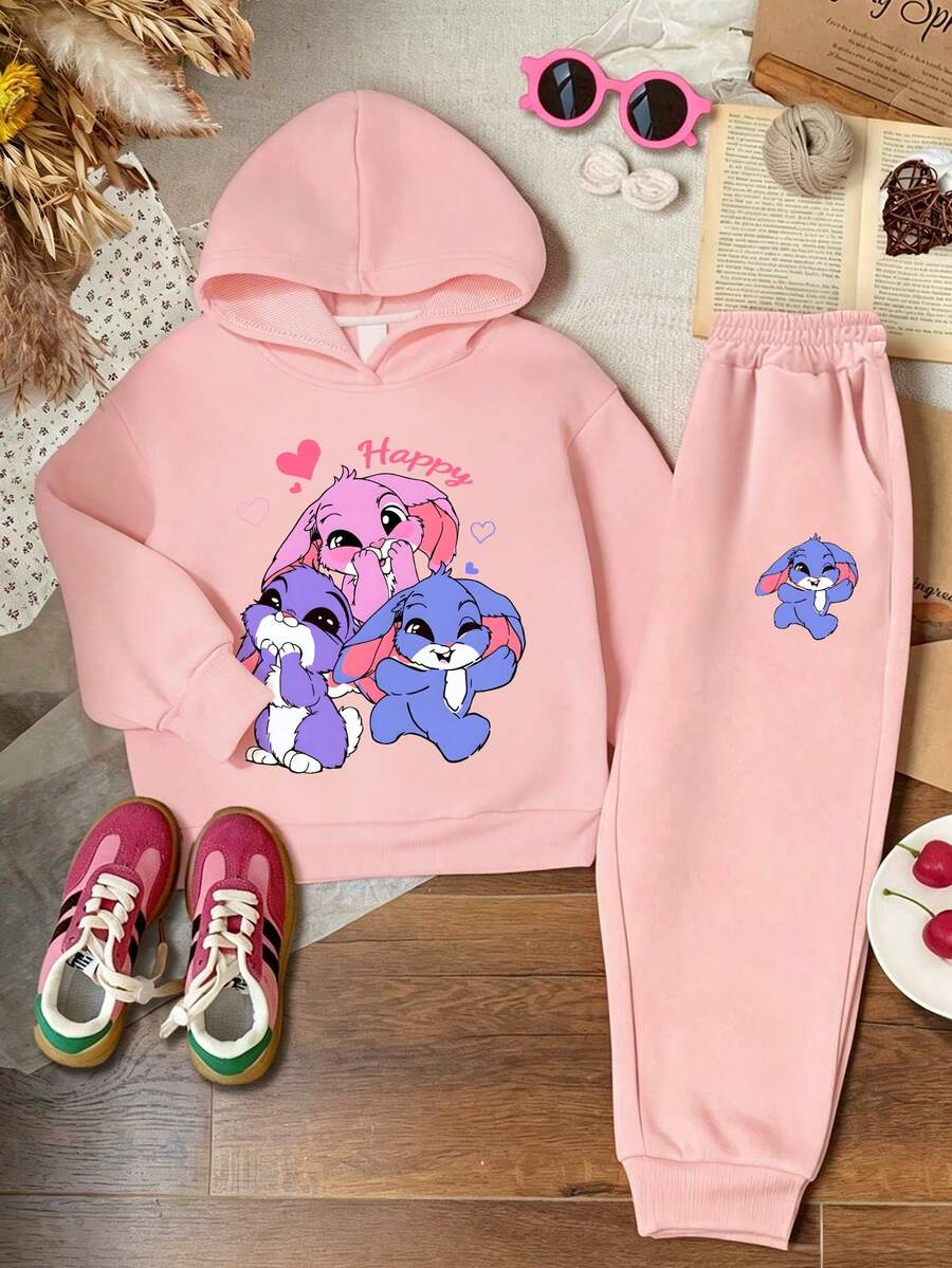 2pcs/Set Girls Hooded Sweatshirt With 3 Rabbits Print And Simple Casual Sweatpants, Cartoon Cute Style Autumn/Winter Outfit - Baby Pink - View 1