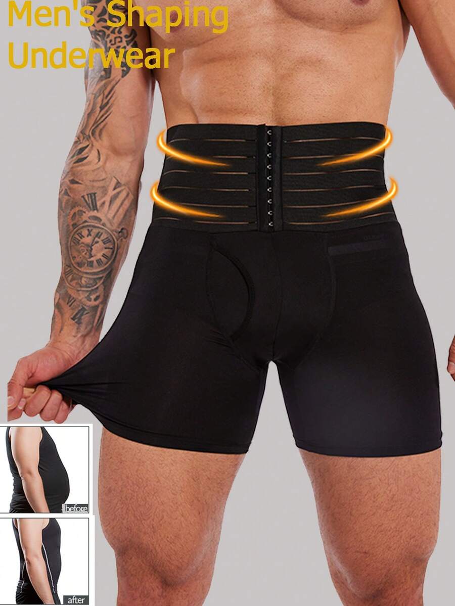 1pc Men's Comfortable Shaping Shorts, Double Layer Tummy Control Compression Shorts - Black - View 1