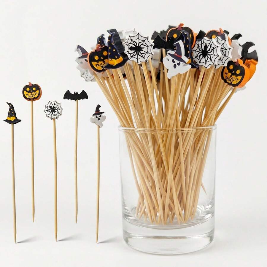 50/100pcs Halloween Cocktail Picks Pumpkin Bat Ghost Witch Appetizer Skewers Halloween Party Decoration Cupcake Toppers - Multicolor - View 1