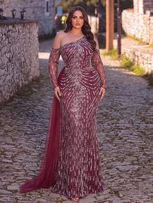Women's Elegant Plus Size Long Sleeve Asymmetrical Sequin Beaded Formal Dress Mermaid Hem For Party & Evening - Burgundy - View 3