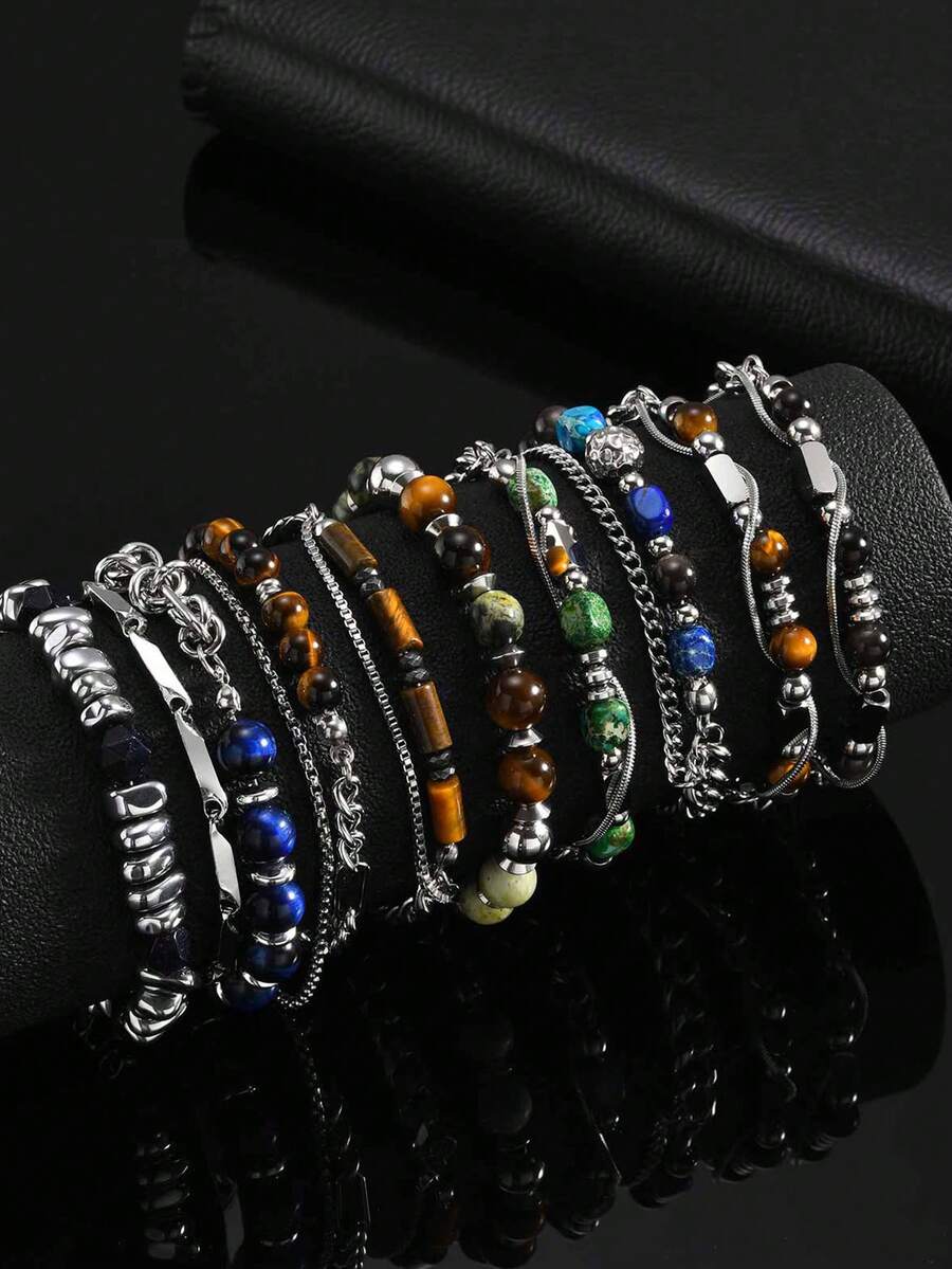1pc Vintage Stainless Steel Chain Obsidian Bead Spliced Double Layer Silver Bracelet For Men, Jewelry Accessories - Silver - View 1