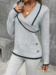 Women's Long Sleeve Colorblock Sweater, Fashion Slimming Waist-Cinching Button Decor V-Neck Pullover Knit Top, Base Layer - Light Grey - View 4