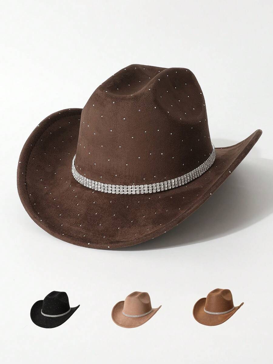 1 Peça Chapéu de Denim Feminino da Moda com Decoração de Corrente de Strass Estrelado, Chapéu de Sol de Material de Camurça de Alta Qualidade com Formato Vintage Ocidental, Chapéu de Aba Larga Personalizado, Moda Legal, Novidade Interessante, Adequado para Festa, Evento com Tema Ocidental, Reunião, Role Play, Cerimônia de Formatura, Festa à Fantasia, Festival, Comemoração de Aniversário, Festival de Música, Viagem, Caminhada - cartola - Visão 1