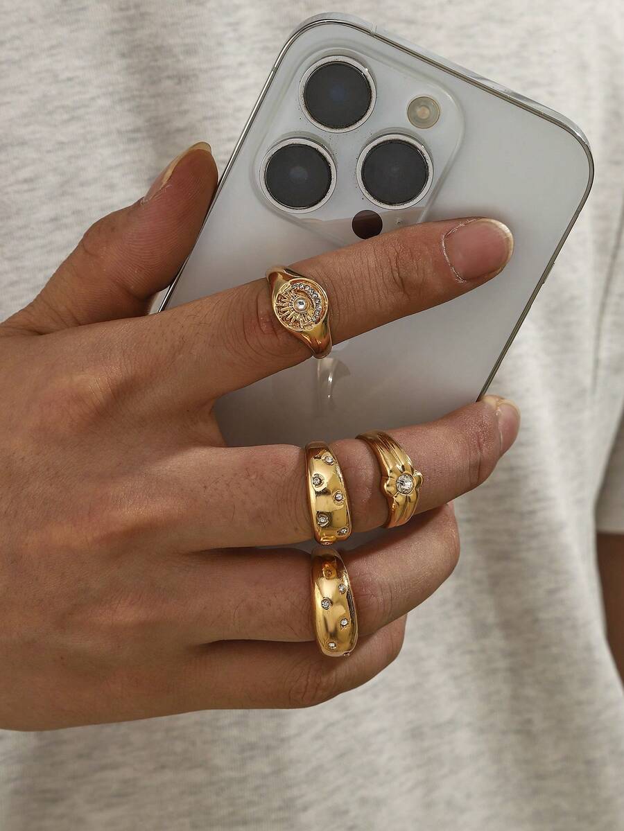 4pcs/Set European And American Ins Style Faceted Rhinestone Inlaid Non-Fading Luxury Rings - Diamond-encrusted Ring - View 1