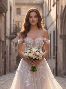 Summer Elegant Deep V-Neck Applique Long Mesh A-Line Wedding Dress, Formal Off-Shoulder Ball Gown, Women - Beige - View 4