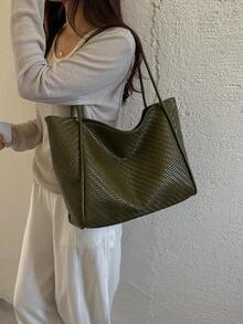 極簡純色女款托特包，現代通勤風單肩包，大容量適合購物與通勤 - 綠色 - 查看 6