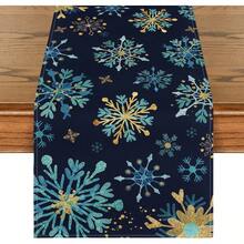 1pc Christmas Blue & Gold Snowflake Table Runner, Multi-Tone Winter Snowflake Deep Blue Background Rectangular Tablecloth, Farmhouse Style Winter Christmas Kitchen Dining Room Home Decor - Royal Blue - View 9