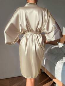 Jubah Pendek Satin Sutra Wanita Warna Polos Elegan dengan Ikatan Depan untuk Musim Gugur/Dingin, Gaun Pagi Seksi dan Nyaman, Jubah Pengantin, Jubah Pengiring Pengantin, Gaya Kimono dengan Ikat Pinggang, Cocok untuk Digunakan di Rumah - Khaki - View 5