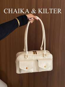 CHAIKA & KILTER 1件裝純色亮面PU布料女款時尚單肩包 多口袋大容量波士頓保齡球包 拉鍊開合 適合日常與外出使用 - 白色 - 查看 5