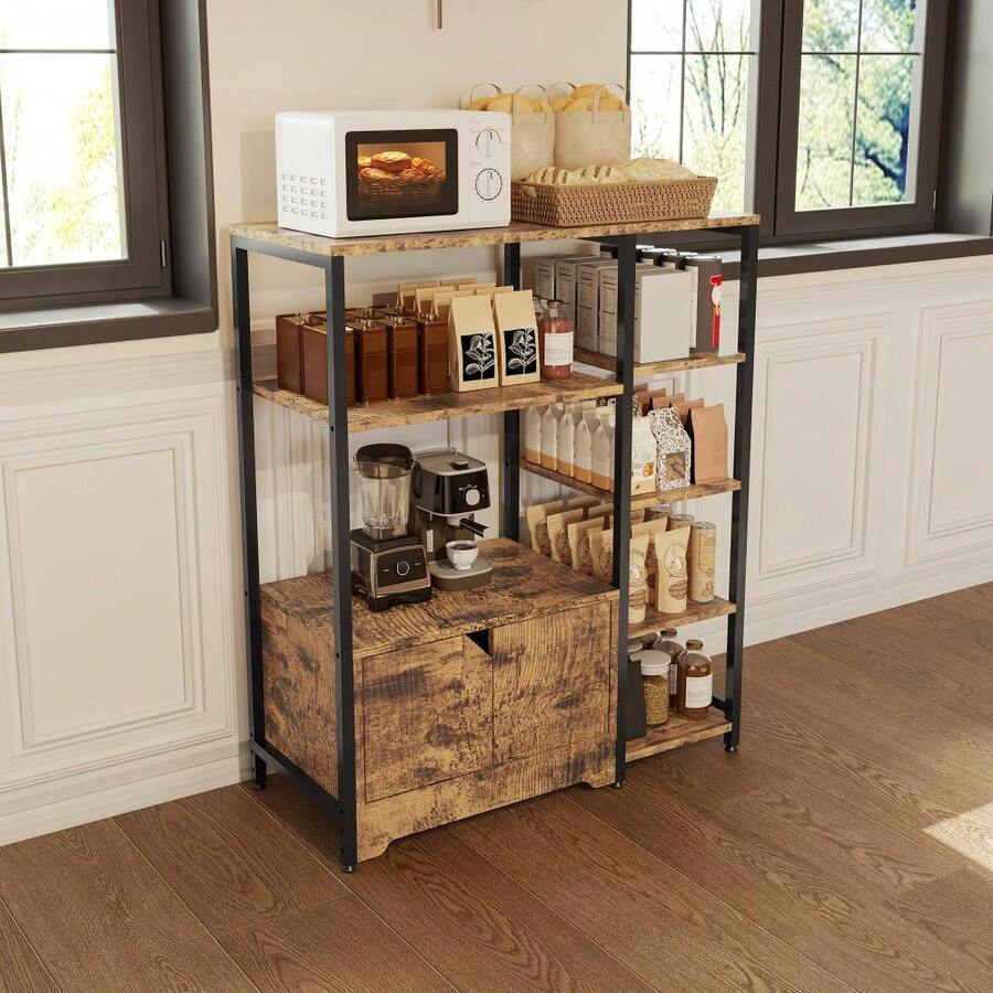 Techigher Kitchen Bakers Rack With Storage Cabinet, 5-Tier Coffee Bar Station, Microwave Stand Utility Storage Shelves, Free Standing Farmhouse Larder Unit For Kitchen, Living Room, 80x35x97cm - Brown - View 1