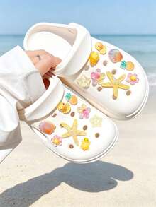 16pcs Beach Style Marine Creature Shoe Charms DIY Detachable Shoe Decorations ABS Starfish Shell Flower Shoe Accessories Suitable For Wooden Clogs Women's Sandals Slippers Beach Shoes, Holiday Gift - Yellow - View 1