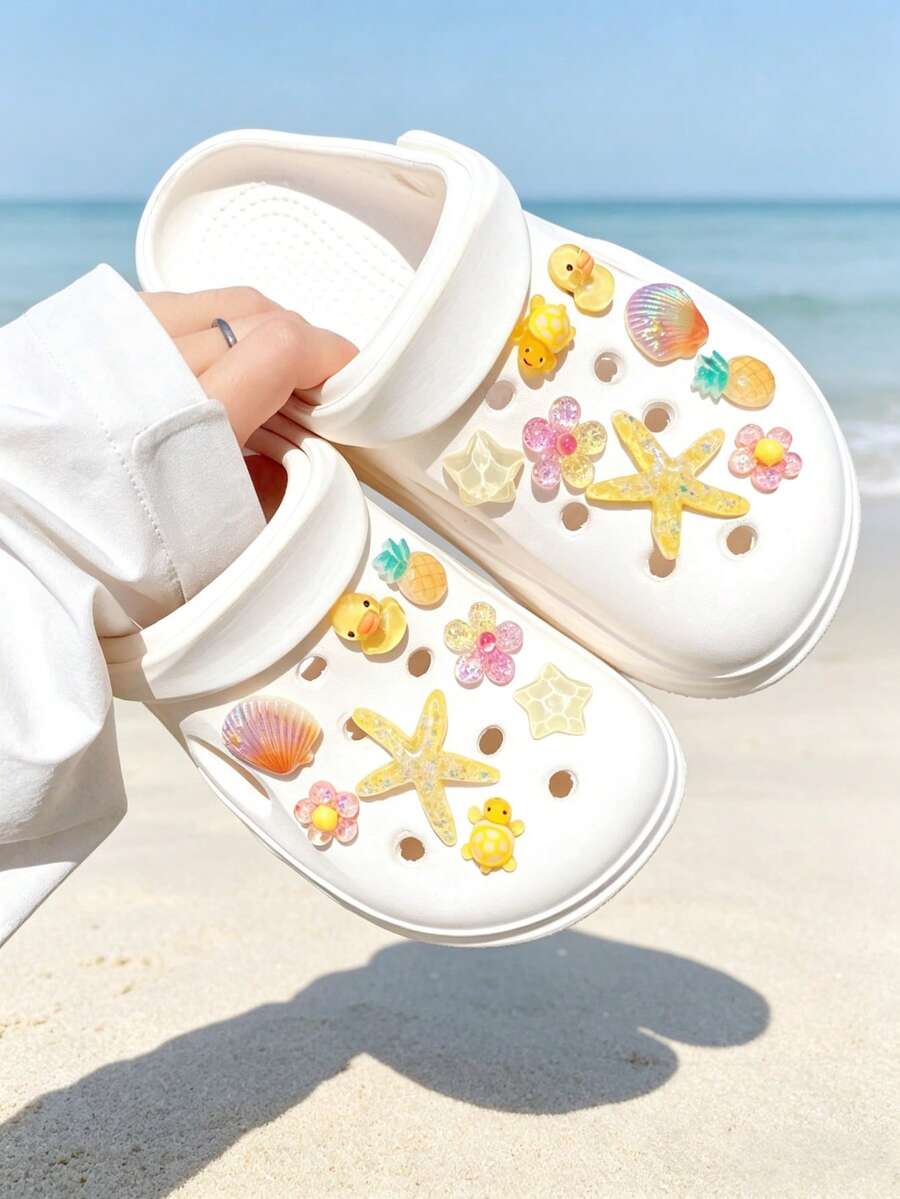 16pcs Beach Style Marine Creature Shoe Charms DIY Detachable Shoe Decorations ABS Starfish Shell Flower Shoe Accessories Suitable For Wooden Clogs Women's Sandals Slippers Beach Shoes, Holiday Gift - Yellow - View 1