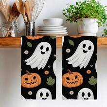 2PCS Halloween Theme Pumpkin Ghost Seamless Pattern Microfiber Soft Kitchen Towels, Dish Cloths, Hand Towels, Tablecloths, Kitchen Decor, Kitchen Cleaning, Bathroom Cleaning, Holiday Party Decor, Kitchen & Bathroom Supplies, Home Essentials, Home Decor, Housewarming Gift - Black - View 2