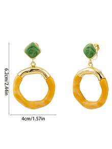 1Pair Of Retro Colour-Blocked Circle Pendant Clip-On Earrings – Fashionable, Statement-Making Geometric Design For Women (No Piercing Required) - Yellow - View 3