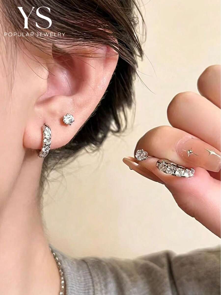 4件組女款銀色極簡小圓環耳環，鋯石圓環耳夾，適合日常穿戴與辦公室，層次感耳飾設計