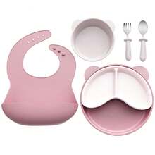 Silicone Baby Feeding Set 5pc, Anti-Choke Spoon & Fork, Waterproof Bib, Easy-Clean, 6M+, New Mom Gift - Mauve Purple - View 10