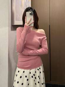 Y6Y 2026 New Autumn Fashion Versatile Commute Pink Cold Shoulder Off-Shoulder Long Sleeve Women's Knit Top - Pink - View 3