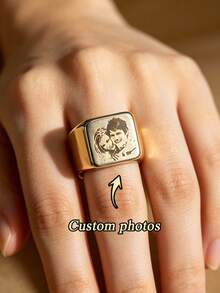1pc Customized Engraved Photo Ring, Stainless Steel Personalized Ring For Women, Fashion Street Style Secret Ring, Family Ring, Wedding Ring, Jewelry Accessory For Various Holidays And Occasions, Anniversary Gift, Mother's Day Gift For Mom, Personalized Gift - Multicolor - View 1