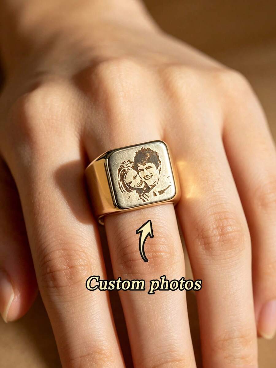 1pc Customized Engraved Photo Ring, Stainless Steel Personalized Ring For Women, Fashion Street Style Secret Ring, Family Ring, Wedding Ring, Jewelry Accessory For Various Holidays And Occasions, Anniversary Gift, Mother's Day Gift For Mom, Personalized Gift - Multicolor - View 1