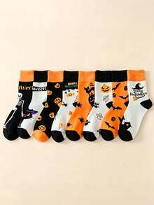 1/4 Pairs Random Women's Halloween Bat, Pumpkin, Skull Pattern Mid-Calf Socks, Soft Fashionable Sweat-Absorbent Breathable, Suitable For Halloween Party, Gift, All Seasons - Multicolor - View 2