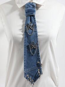 1pc Metal Star Chain Denim Vintage Washed Shirt Decoration Accessory Women's Tie - Blue - View 2