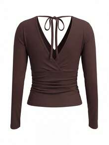 Casual Versatile Solid Color Ruched Wrap Fitted Top - Brown - View 8