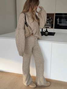 Women's Ribbed Knit Sweater Set In Khaki, Includes Drawstring Pants, Medium Stretch, Warm Casual Loungewear For Autumn/Winter - Khaki - View 3