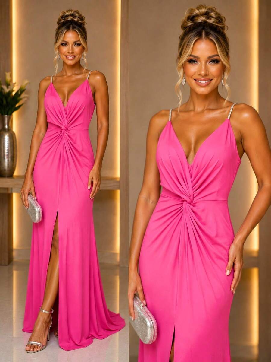 Inexpensive Bridesmaid Dress For Parties, Guests, Receptions, Graduations, Without Glitter, Open On The Side. - 玫紅色 - 查看 1