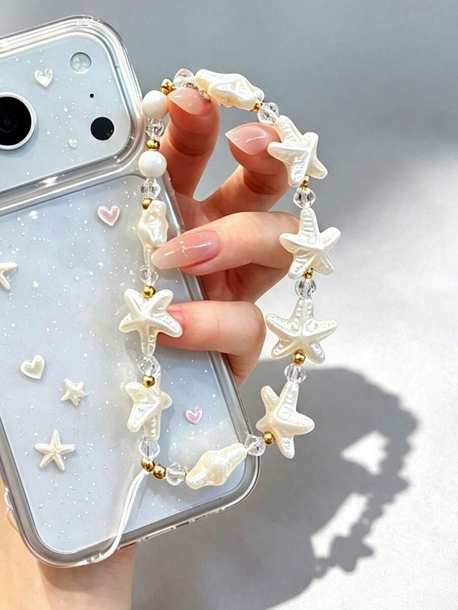 1 Stück cremeweiße perlmuttfarbene Seestern-Perlen-Handyschnur, kompatibel mit iPhone-Hülle, Aufhängungskette für Doppelnutzung, Bluetooth-Headset-Aufhängungskette kompatibel mit, Strandurlaub Seestern-Handgelenk-Kette, kleiner goldener Abstandshalter mit klarem Kristall, Anti-Verlust-Charm im Girly-Stil, frischer Küstenstil Handyhülle-Riemen - Weiss - Übersicht 1