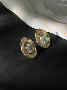 1 par de pendientes de botón de cristal ovalado asimétrico de lujo vintage con diamantes, accesorio de joyería de moda exquisito, adecuado para el uso diario y de fiesta de las mujeres - Amarillo Oro - Ver 5