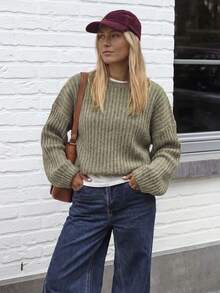 Women's Casual Ribbed Pullover Knit Sweater, Long Sleeve Basic Top For Fall Winter Daily Commute Outfits Basic Blouses Going Out Outfits - Olive Green - View 7