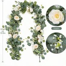 1 Peça Videira Artificial de 180cm, Videira Falsa de Tecido com Rosa & Folha de Eucalipto, Guirlanda Floral Longa em Champanhe & Creme, Decoração Pendurável Flexível para Mesa, Arco, Encosto de Cadeira, Adequada para Casamento, Chá de Panela, Festa, Decoração de Casa - Multicolorido - Visão 6