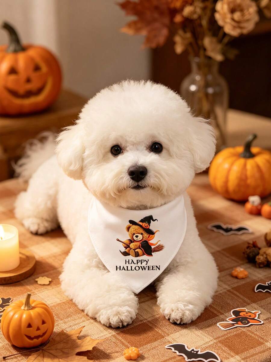 Polyester Material Comfortable Soft Cartoon Print Pet Scarf, Suitable For Cats And Dogs For Indoor Or Outdoor Use - White - View 1