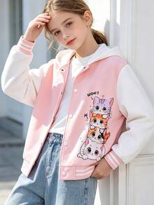 Girl's Cartoon Cat Heart Print Hooded Jacket, Casual Long Sleeve College Style Jacket, Suitable For Spring And Autumn Daily Wear And Outdoor Activities. - Pink - View 2