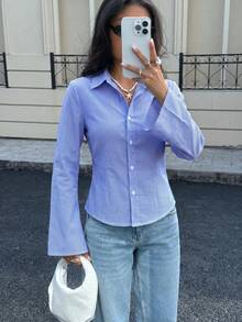 Women's Spring/Autumn American Hot Girl Style Commuter Collared Waist-Cinching Flare Long Sleeve Blue & White Striped Shirt, Suitable For Casual Commuting, Shopping, Dating, City Outings, Afternoon Tea, Store Visits, Daily Wear - Blue - View 3