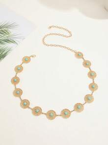 1pc Adjustable Hollow Floral Turquoise Micro-Inlaid Gold Waist Chain, Bohemian Beach Dress Accessory - Gold - View 13