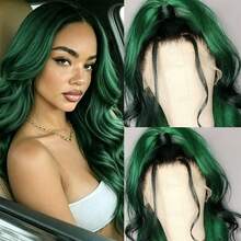 13X4 Free Part Black Green Highlights Body Wave Lace Front Wigs Pre Plucked Soft Long Wavy Hair Wigs Heat Resistant Wave Wigs Glueless Christmas Wig Long Wavy Synthetic Lace Front Wigs For Women Perfect For Daily Wear & Parties - Ombre Green - 查看 1