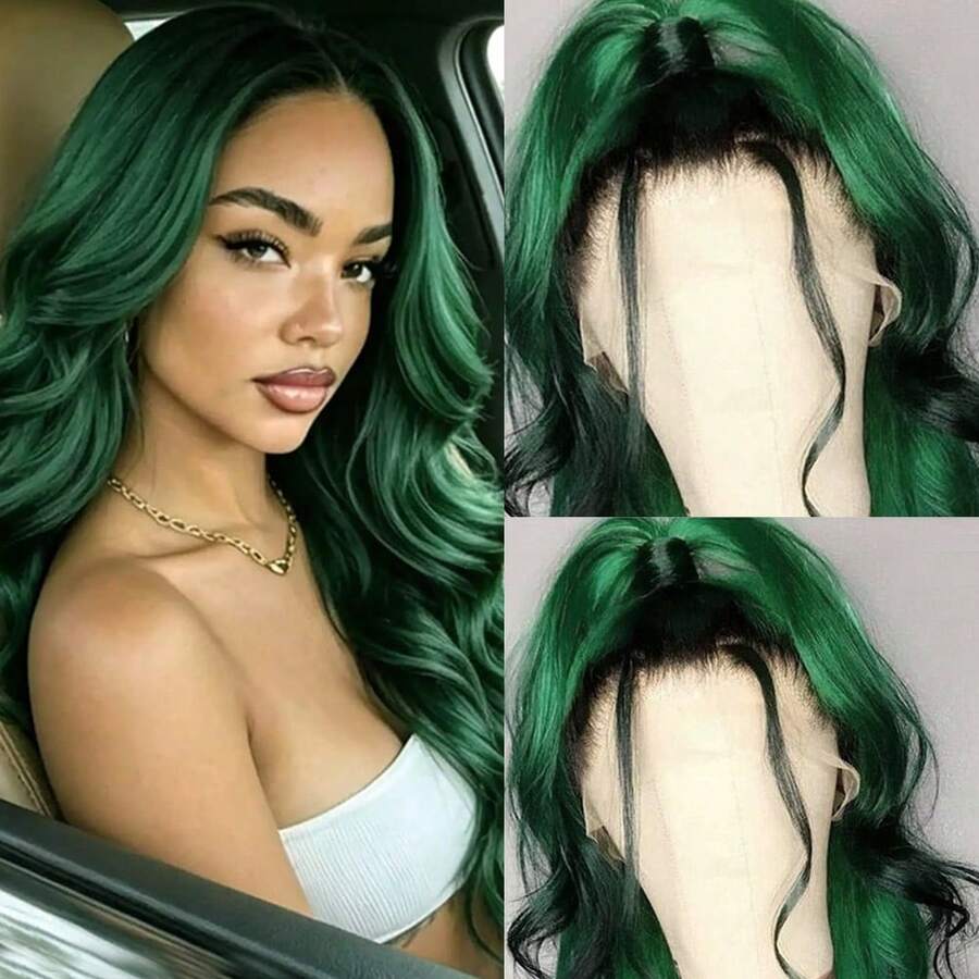 13X4 Free Part Black Green Highlights Body Wave Lace Front Wigs Pre Plucked Soft Long Wavy Hair Wigs Heat Resistant Wave Wigs Glueless Christmas Wig Long Wavy Synthetic Lace Front Wigs For Women Perfect For Daily Wear & Parties - Ombre Green - 查看 1