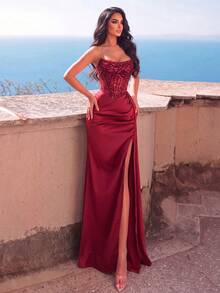 Faeriesty Women's Formal Red Sequin Satin Long Dress, Strapless Neckline, Waist-Cinched Design, High Thigh Slit, Suitable For Party - Burgundy - View 4
