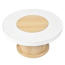 Round Coffee Table With Ribbed Cylindrical Base, Table With White-Wood-Colored Two-Tone Tabletop Made Of MDF And PVC, Living Room Table For The Living Room, Compact Side Table For Small Apartments - 白色 - 查看 10