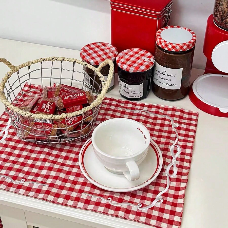 1/2/6pcs French Red & White Gingham Bow Embroidery Placemats, Ins Style Vintage Pastoral Fabric Heat-Resistant Table Mats For Afternoon Tea Table Decor - Multicolor - View 1