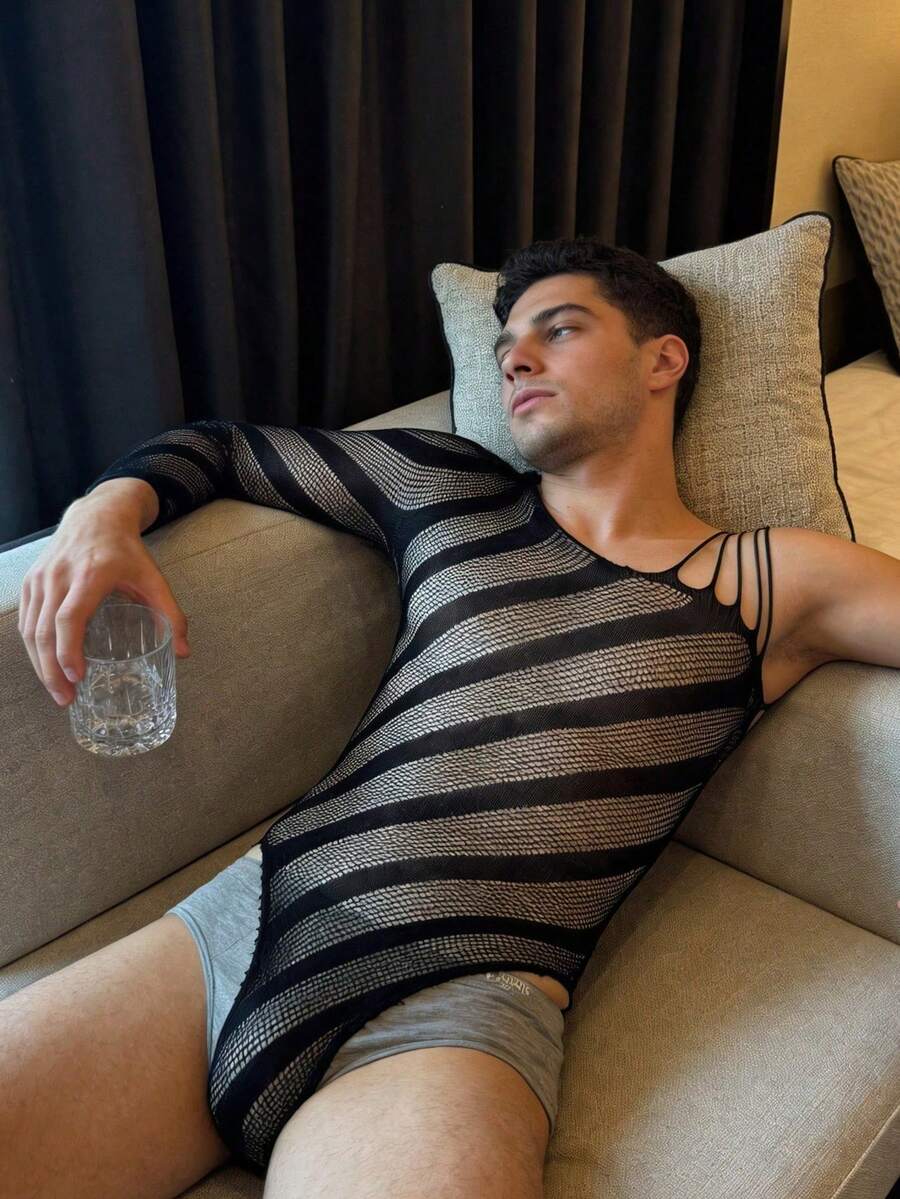 Men's Sexy Fishnet Hollow Out Sheer Lingerie Pajamas, Knitted Elastic Bodywear - Black - View 1