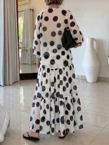 2pcs White & Black Polka Dot Print: V-Neck Sheer Puff Sleeve Top And Layered Ruffle Hem Maxi Skirt - Black and White - View 8
