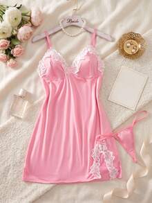 Camisón de encaje con escote en V y abertura en contraste de color, diseño encantador, con tanga, lencería sexy para mujer, camisola sexy con tirantes finos. - Rosa - Ver 1